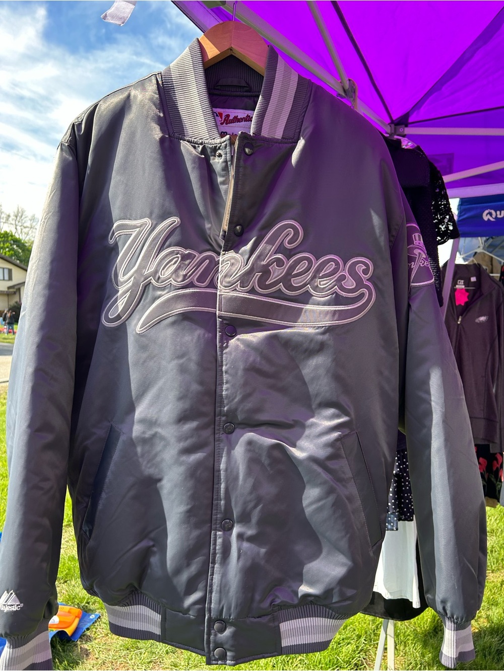 Vintage Majestic Yankees Charcoal Satin Varsity Bomber Jacket